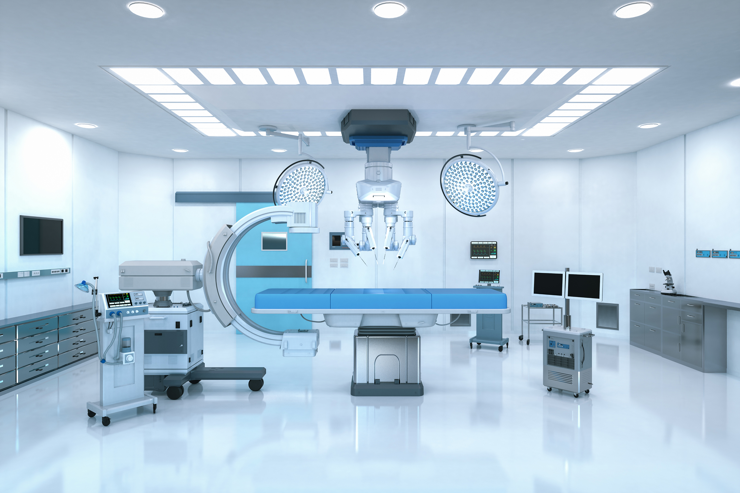 3d rendering hospital surgery room with C-Arm machine and surgery robot